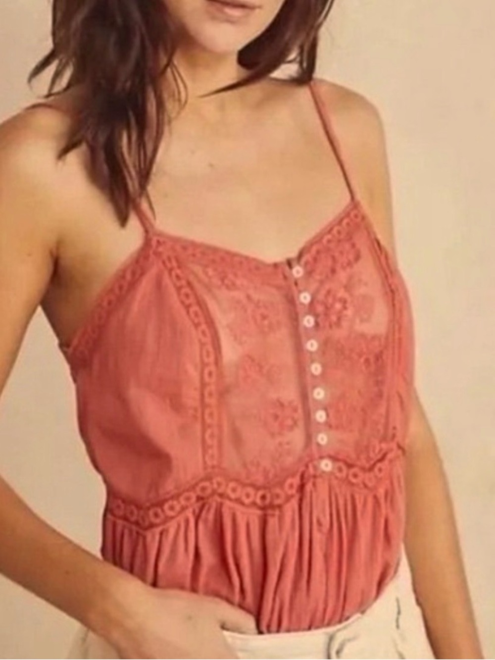 Free People Still The One Lace Trim Bodysuit Size Small Coral cotton embroidered